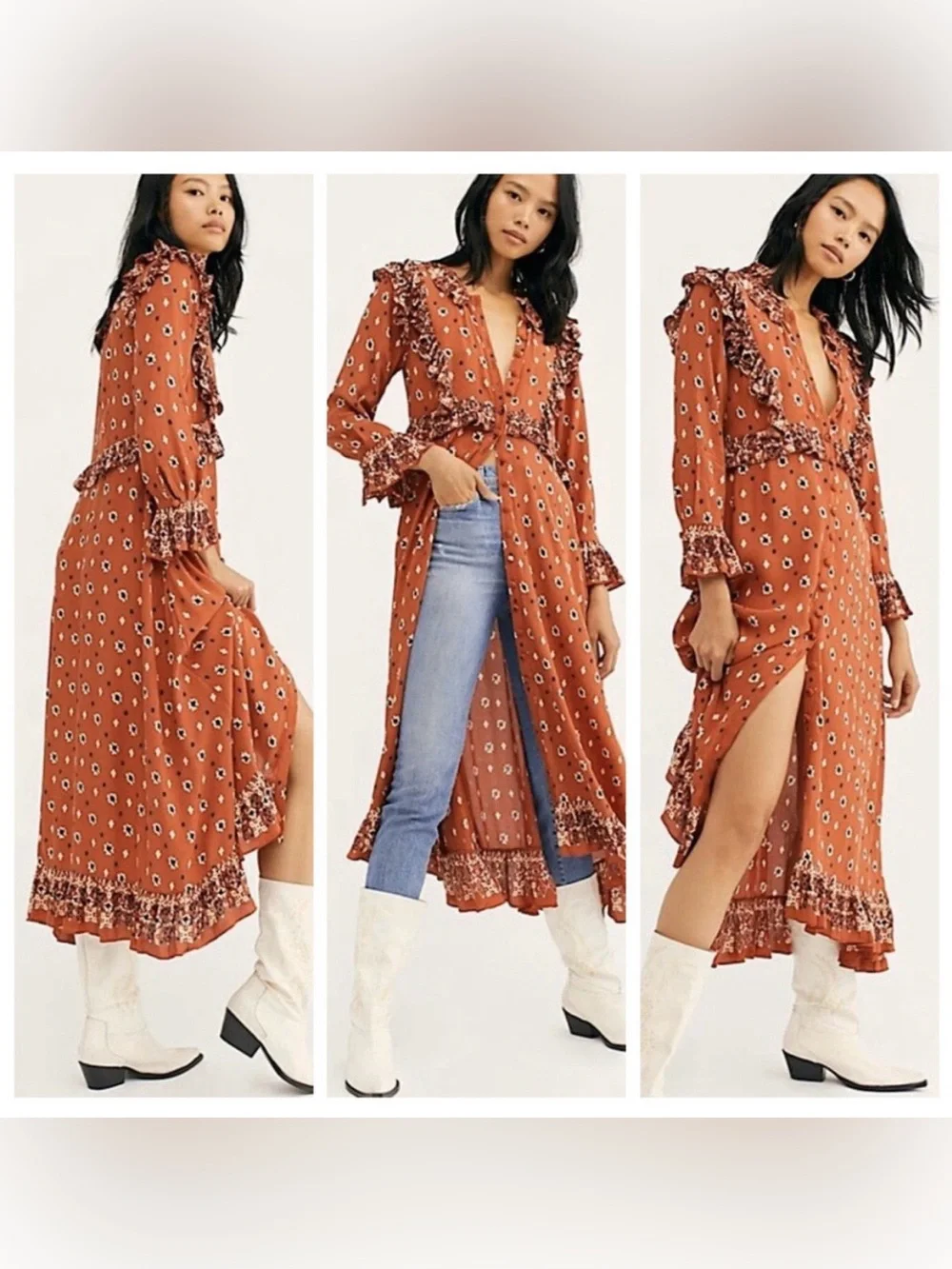 Free People Calico Skies Rust Floral Boho Longline Duster XS